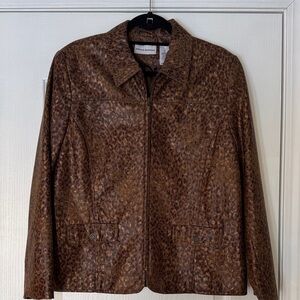 Alfred Dunner Womens Size 14 Full Zip Faux Jacket Brown Animal Print Snake Skin